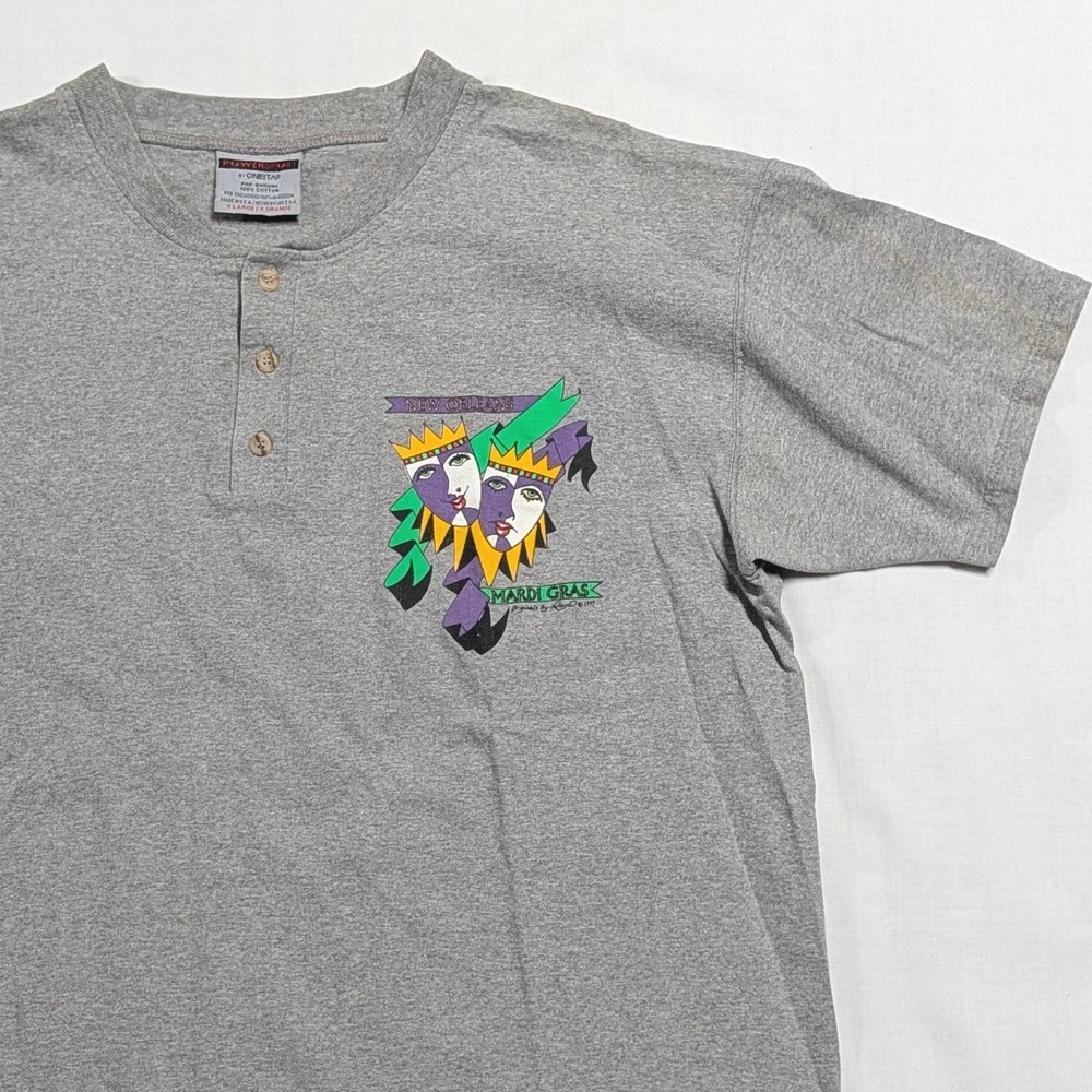 Vintage 1997 Powersport Oneita Mardi Gras Henley Shirt Mens XL Gray New Orleans